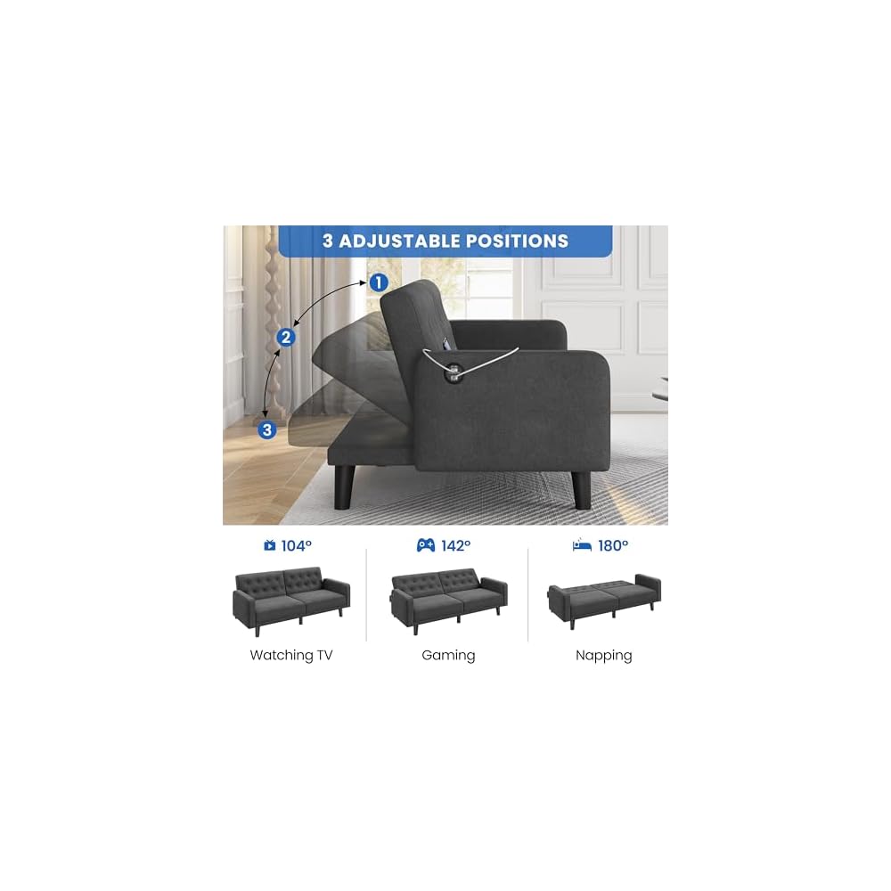 63" Small Futon Sofa Bed, Convertible Couch with USB, Dark Gray