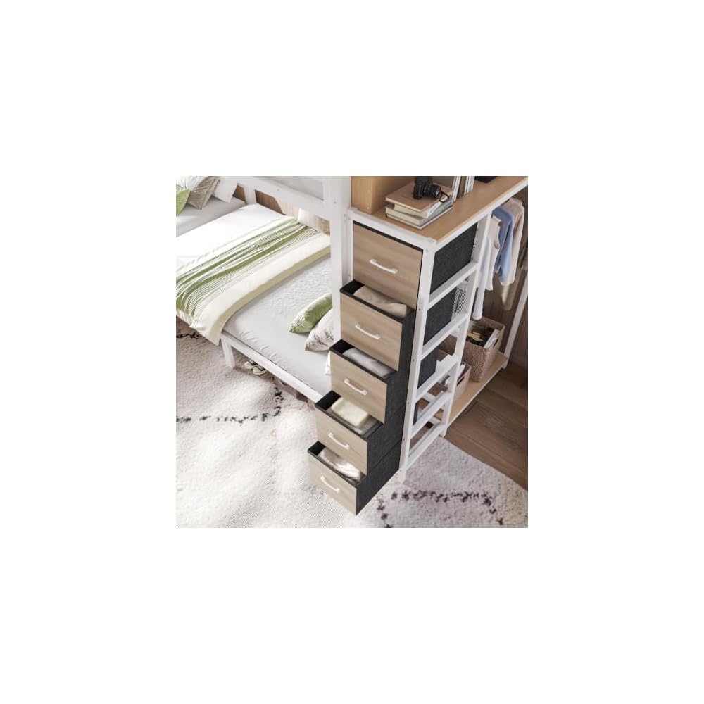 Metal Quad Bunk Bed with Drawers & Wardrobe for 4, L-Shaped Twin Size Quad Bunk Bed Frame,Heavy Duty Bunk Beds for Kids Teens Adults,White