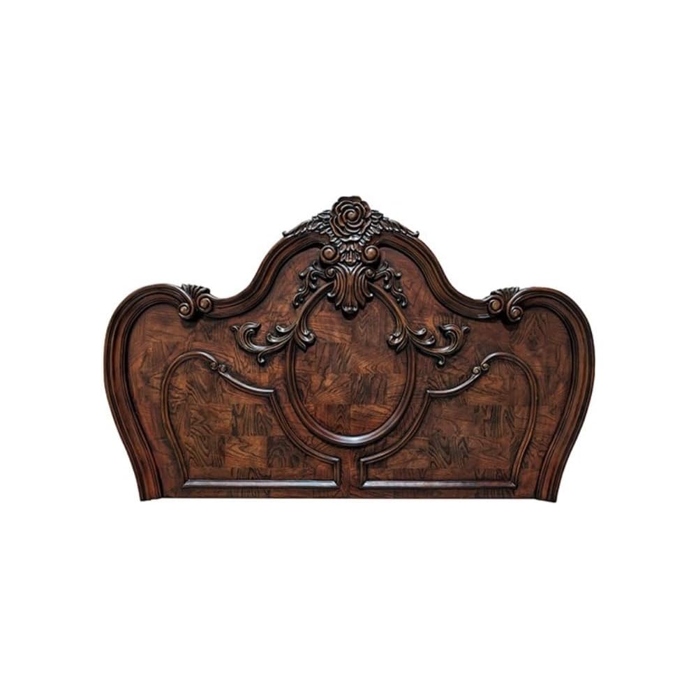 Traditional Queen Platform Bed, Dark Cherry Carved Wood Frame