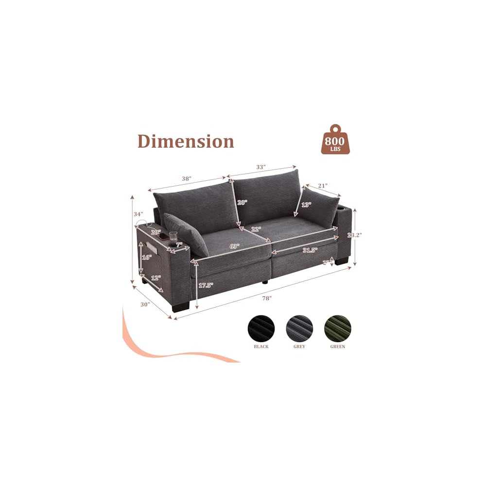 78" Corduroy Sofa Couch, 3 Seater Modern Upholstered Couch with USB and Cup Holders, Deep Seat Comfy Oversized Loveseat Sofa with Storage Pockets for Living Room, Apartment, Home Office, Grey