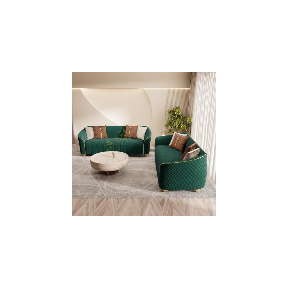1-Piece Luxury Velvet Sofa Set for Living Room, Elegant Design Couch Set with Curved Armrests and Gold Edge Trim, Tufted Upholstered Couch with Gold Metal Legs (Green, 3 Seater)