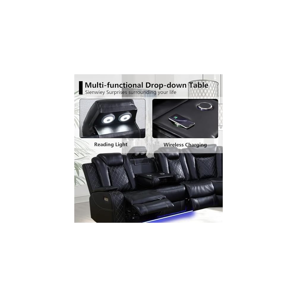 Black Leather Power Reclining Sectional Sofa,Sectional Couch with Recliner,L Shaped Recliner Sofa with LED Light/Read Lamp/Storage Console/USB Port for Living Room/Home Theater/Apartment