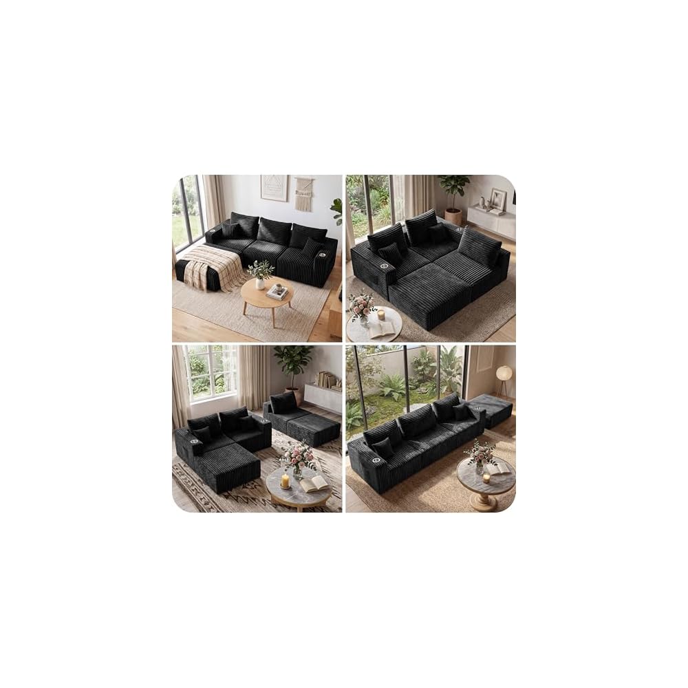 67'' L-Shaped Cloud Modular Sectional Sofa, Modern Corduroy Memory Foam Couch with Cup Holders, Upholstered Boneless Deep Seat Fluffy Loveseat with Ottoman, No Assembly Needed, for Home, Black