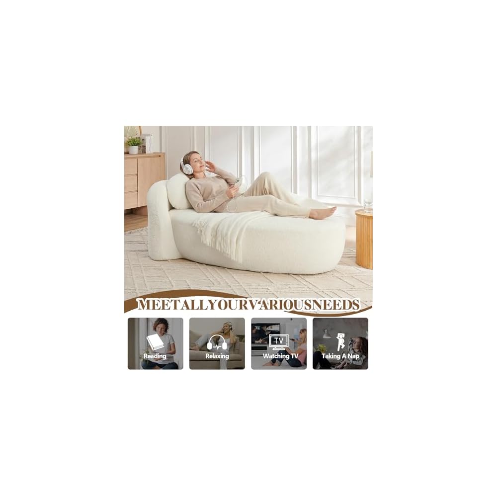 67" Modern Oval Lazy Sofa, Lounge Sofa Indoor with Pillow & Side Armrest, Boucle Fabric Compact Accent Couch Chair, Comfy Loveseat Sleeper for Living Room Bedroom Small Spaces (Beige)