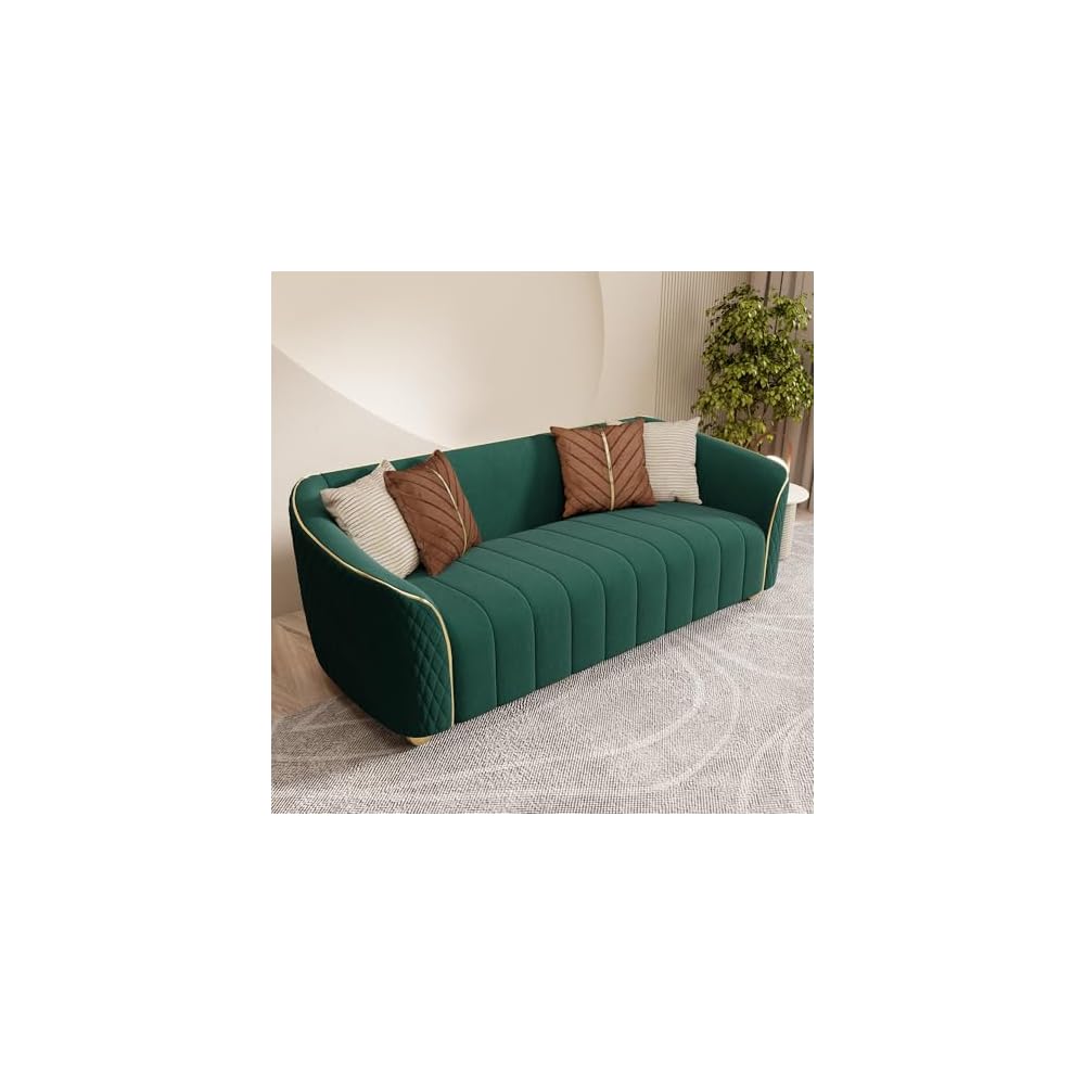 1-Piece Luxury Velvet Sofa Set for Living Room, Elegant Design Couch Set with Curved Armrests and Gold Edge Trim, Tufted Upholstered Couch with Gold Metal Legs (Green, 3 Seater)