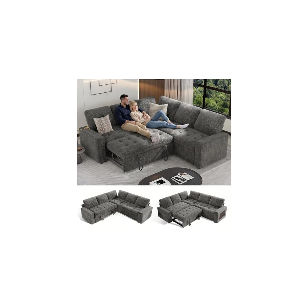 5-Seat Modular Sleeper Sofa with Pull-Out Bed & Storage, L-Shaped Chenille Sectional Couch, Reclining Backrest & USB Charging for Small Space Living Room, Dark Grey