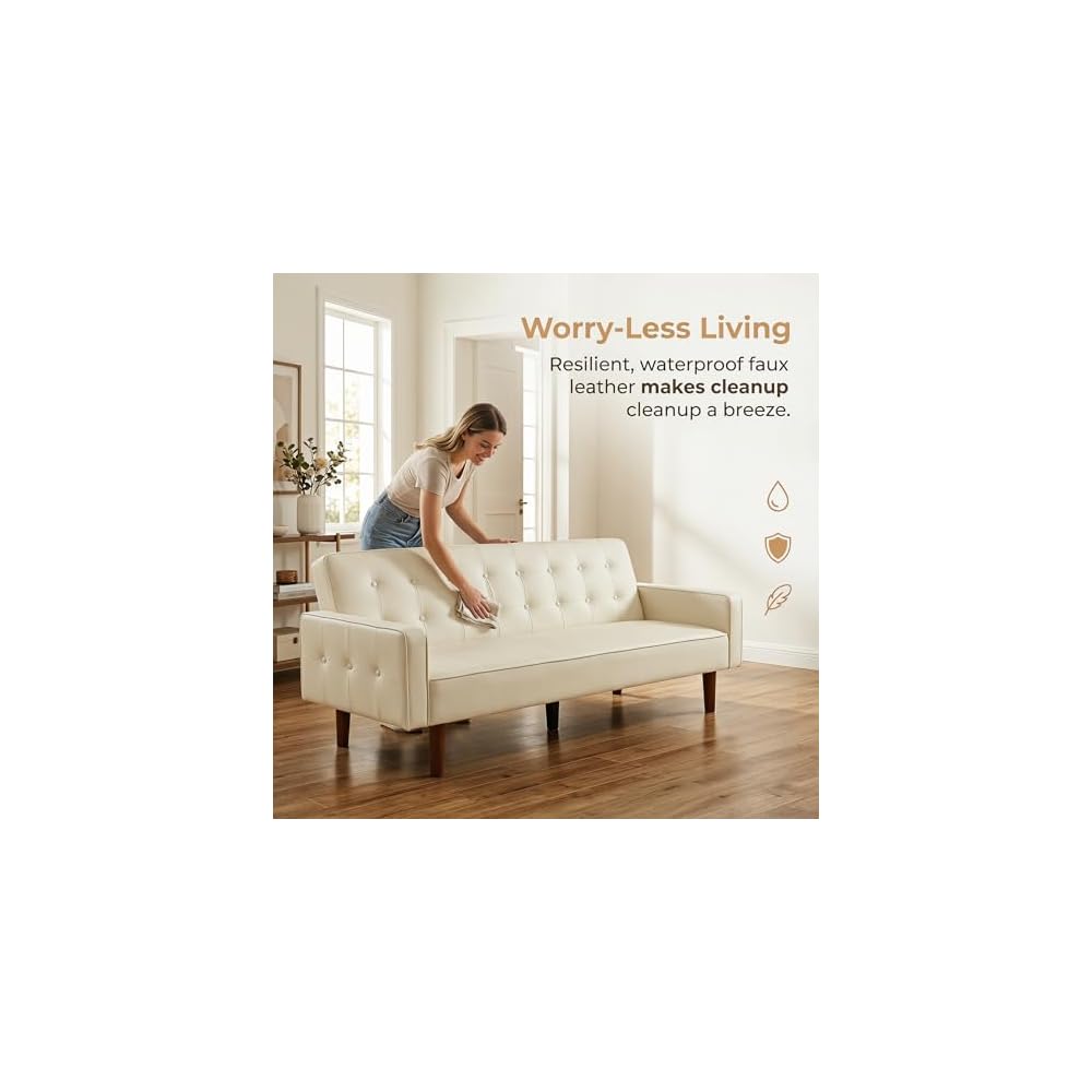 PU Leather Couch Bed, 3 Seater Leather Sofa with Adjustable Backrest, Leather Sofa Couch with Wood Legs, Modern Convertible Loveseat Sofa for Office & Living Room, Leather White