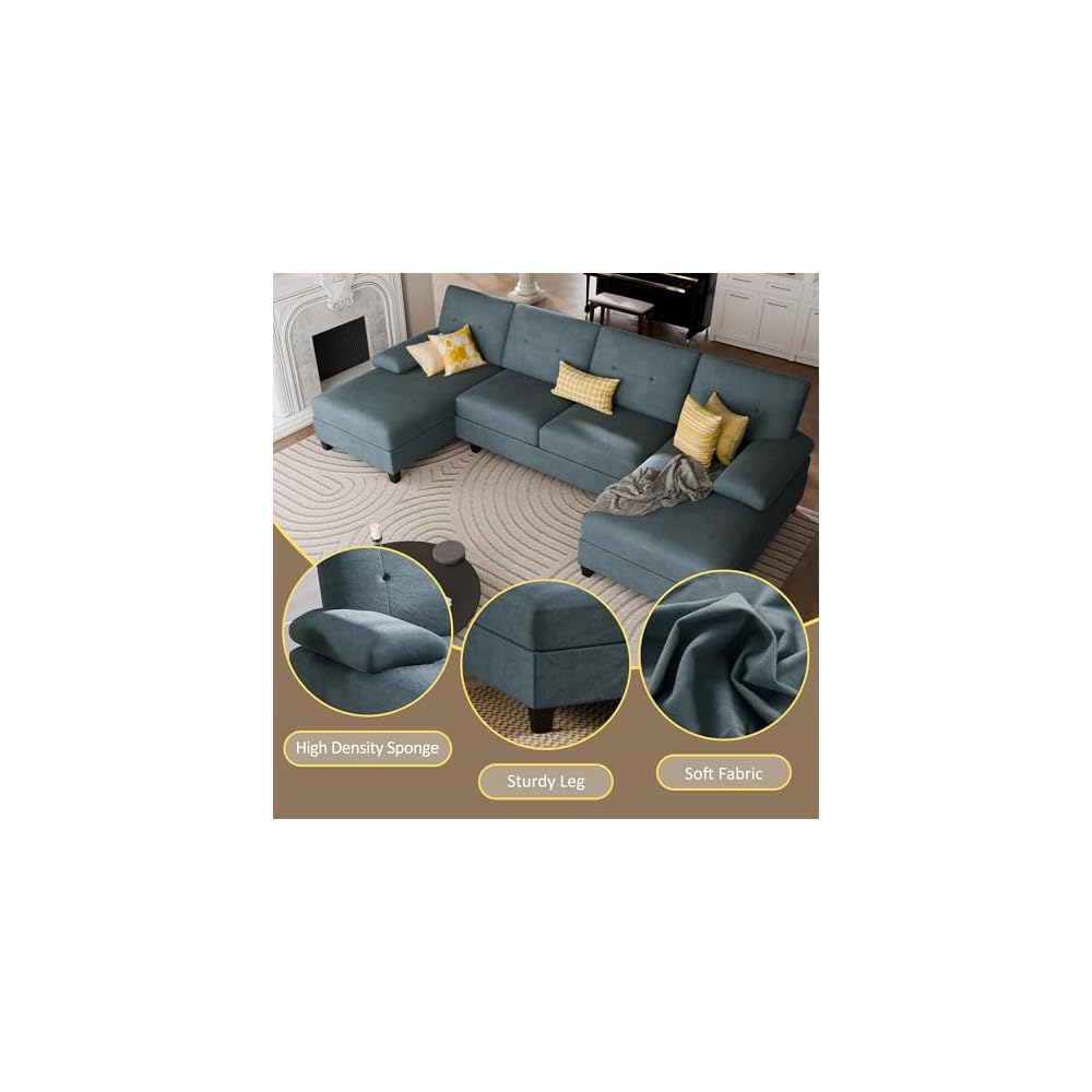 JY QAQA Sectional Couche with Soft Cushion, U-Shaped Sofa with Double Chaise, 4-Seat Linen Fabric Sofa Sets for Living Room, Apartment, Grey