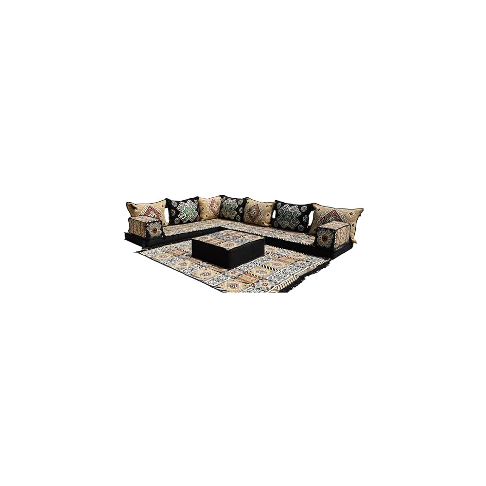 4" Thick L Shaped Floor Couch, Seating, Floor Pillow, Sectional Sofa Set, Patio Furniture, Arabic Majlis (L Sofa + Rug + Ottoman, 4'' Thickness (10 cm))