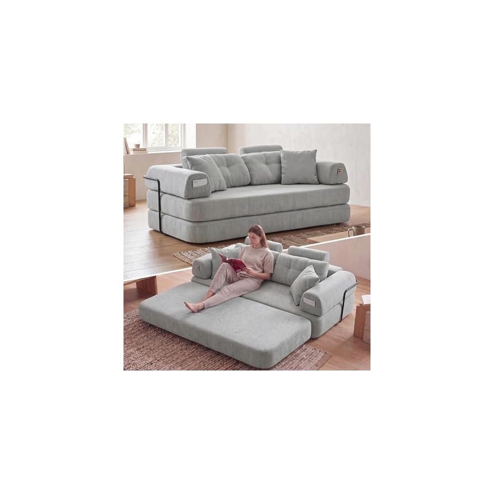 Convertible Floor Sofa Bed with High Headrest, Boneless Loveseat Sleeper Couch with 2-in-1 Blanket Pillows, Memory Foam Futon Sofa for Apartments (Grey)