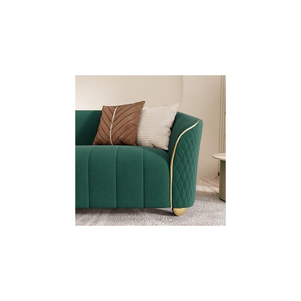 1-Piece Luxury Velvet Sofa Set for Living Room, Elegant Design Couch Set with Curved Armrests and Gold Edge Trim, Tufted Upholstered Couch with Gold Metal Legs (Green, 3 Seater)