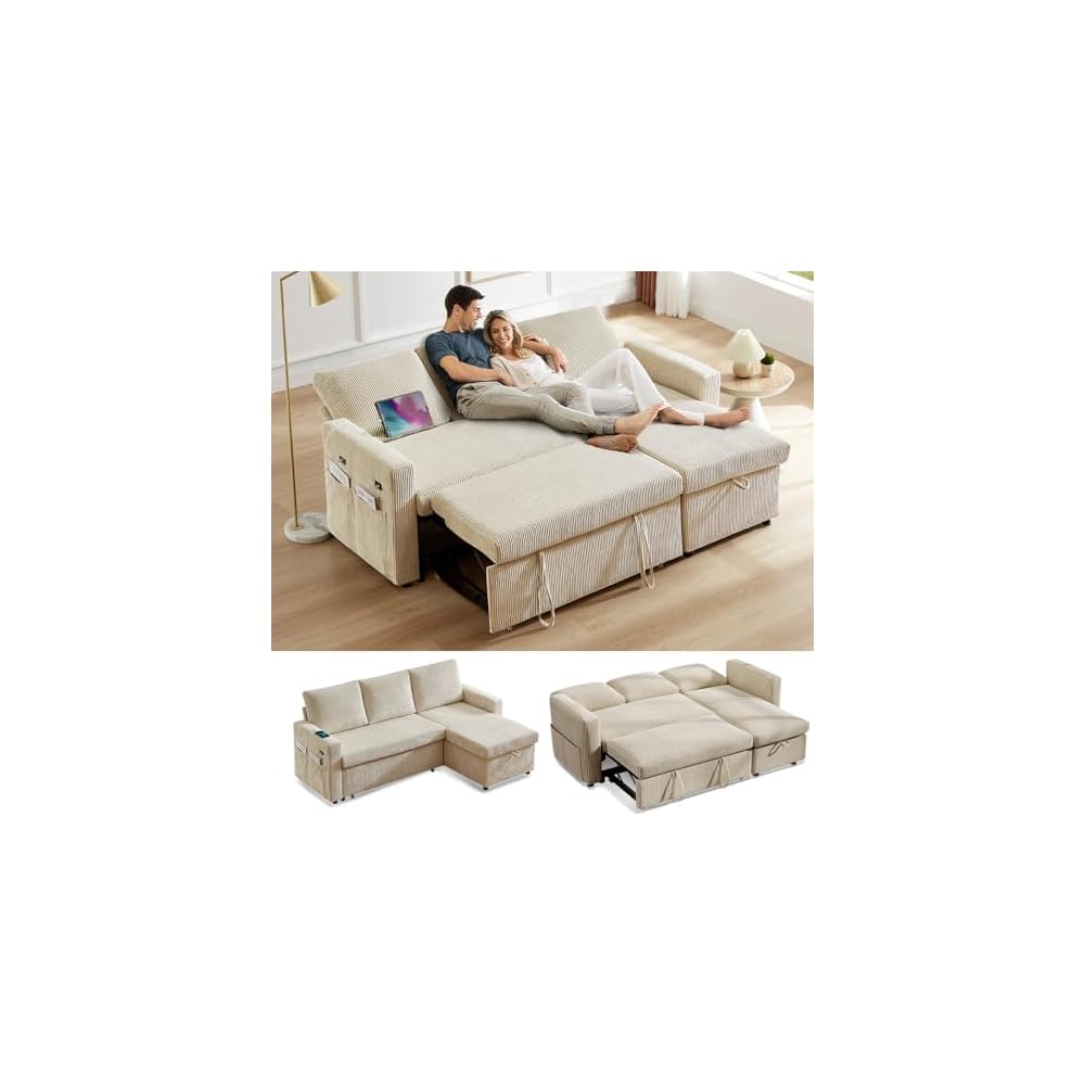 82" L Shaped Sectional Sleeper Sofa Bed with Pull Out Bed, Pull Out Couch Bed with Reclining Backrest, Reversible Storage Chaise, USB Ports, Tool-Free Assembly, Corduroy Beige