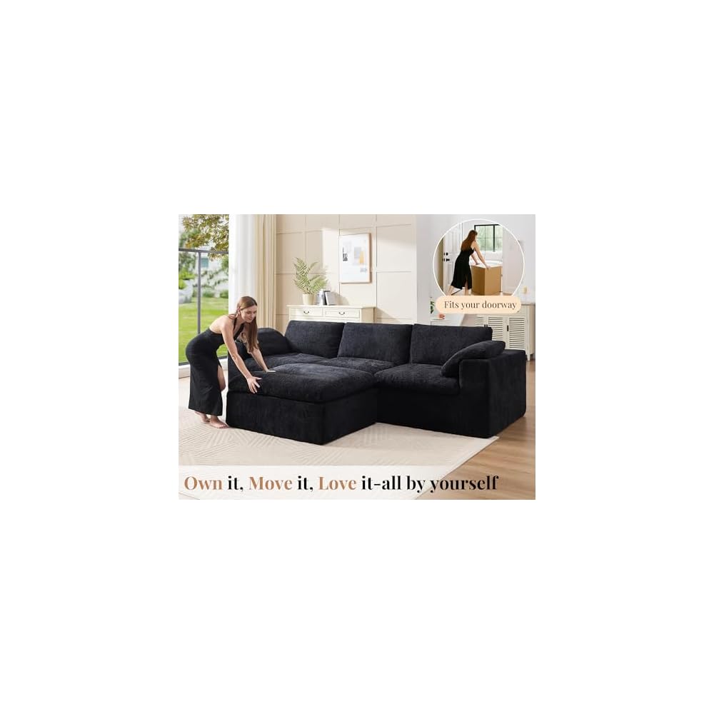 120" Cloud Modular Sectional Sofa, No-Assembly Chenille Couch, Black