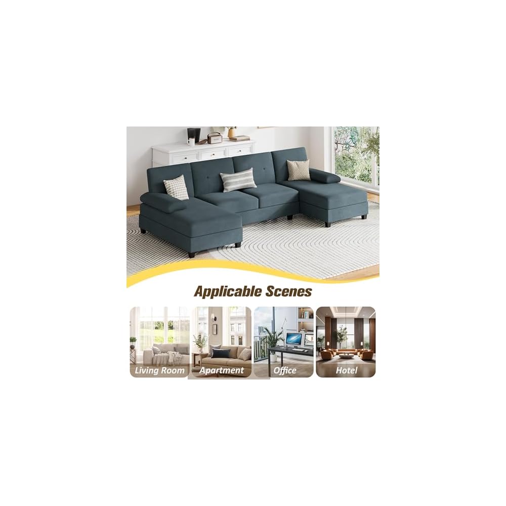 JY QAQA Sectional Couche with Soft Cushion, U-Shaped Sofa with Double Chaise, 4-Seat Linen Fabric Sofa Sets for Living Room, Apartment, Grey