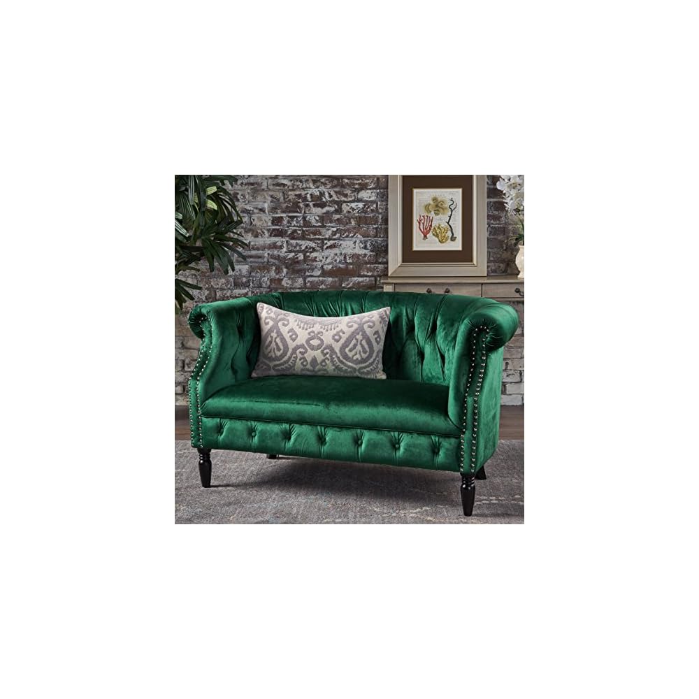 Melaina Tufted Chesterfield Velvet Loveseat with Scrolled Arms, Emerald and Dark Brown