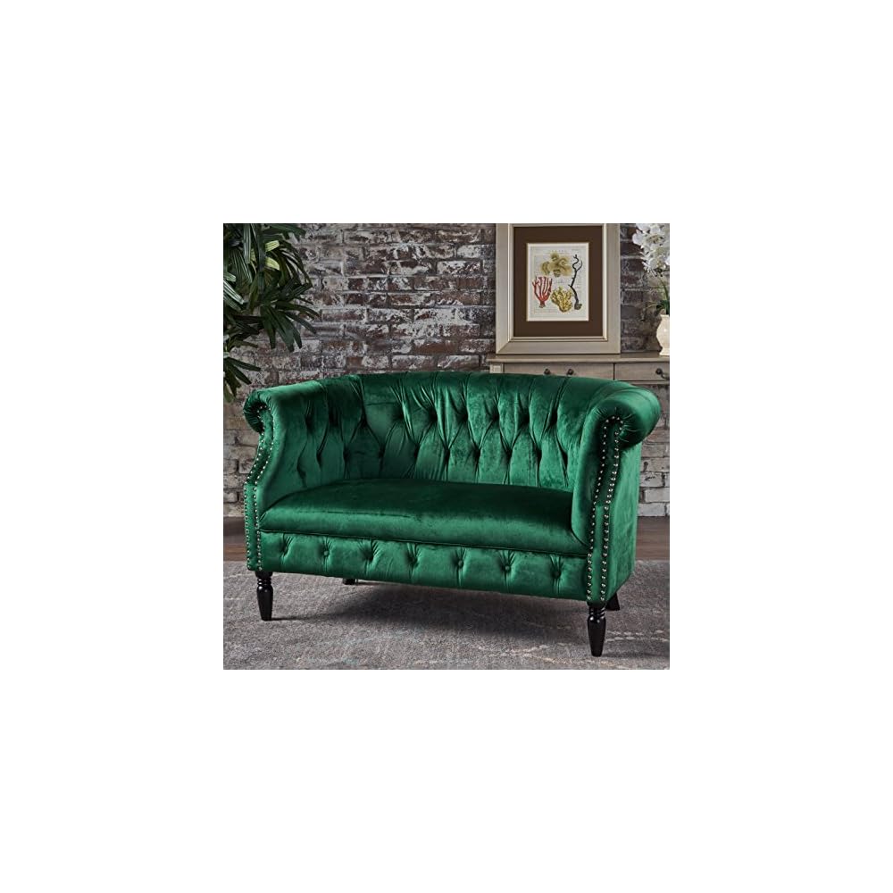 Melaina Tufted Chesterfield Velvet Loveseat with Scrolled Arms, Emerald and Dark Brown