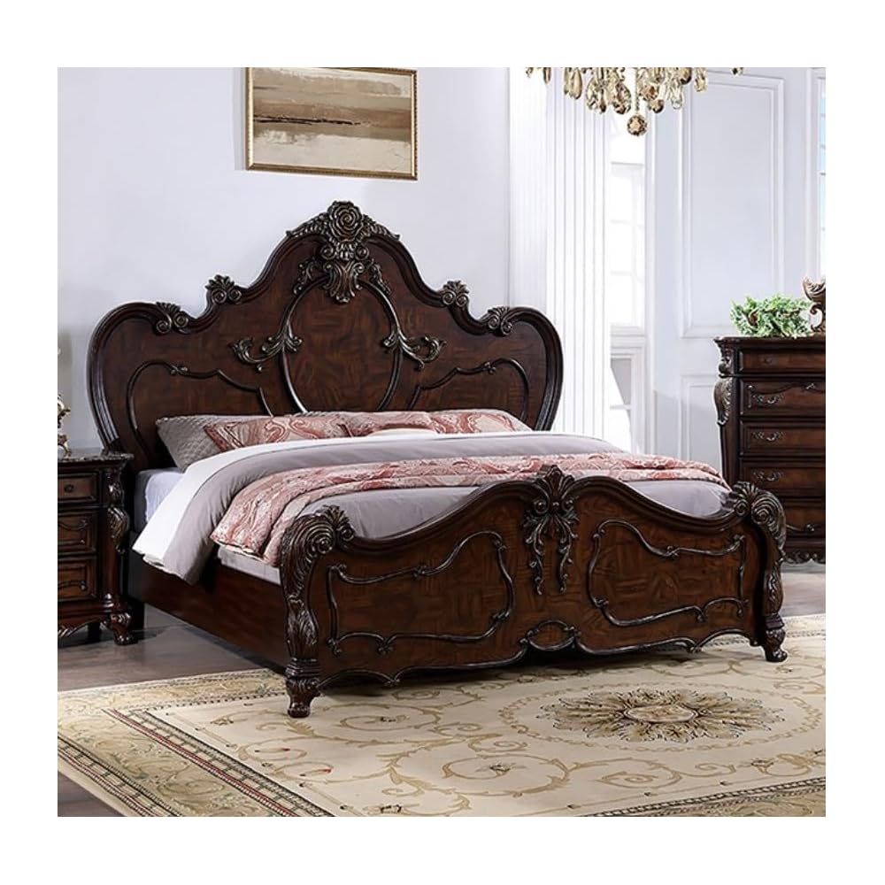 Traditional Queen Platform Bed, Dark Cherry Carved Wood Frame