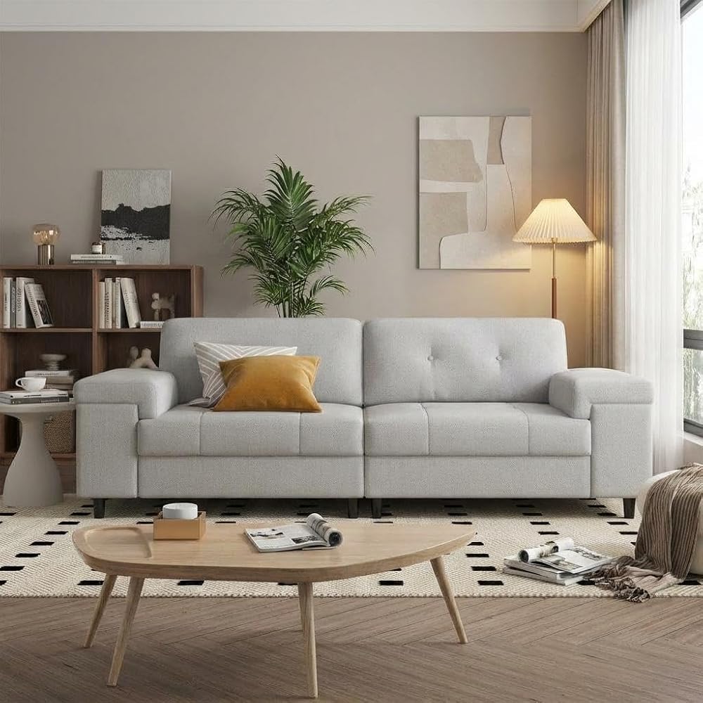 85 Inch Modern 3 Seater Sofa for Living Room, Deep Seat Chenille Couch with Adjustable Wide Armrest & Plush Backrest, Button Tufted Comfy Bedroom Sofa, Easy Assembly, Grey