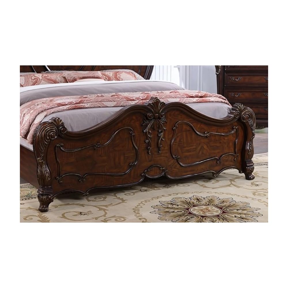 Traditional Queen Platform Bed, Dark Cherry Carved Wood Frame