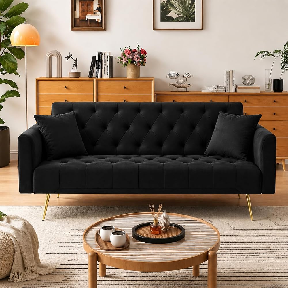 72''Modern Velvet Sofa Bed Futon,Convertible Folding Sleeper Couches with 3 Adjustable Backrests,Tufted Recliner Loveseat with Golden Chrome Legs for Living Room Apartment Office (Black)