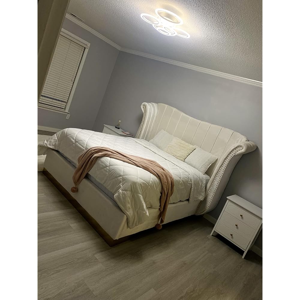 Flora Collection Modern | Contemporary Velvet Upholstered Bed Nailheads, Deep Channel Tufting and Gold Metal Base, King, White