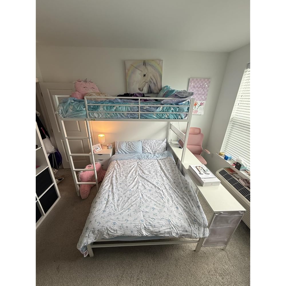 Bunk Bed Twin Over Full with Drawers, 2 Person Desk, White