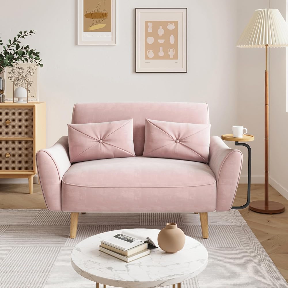 Loveseat Sofa, 47" Velvet Couch for Bedroom, Convertible Wooden Tray & Ergonomic Armrest, for Small Space, Apartment, Living Room, Home Office, Easy Assembly, Pink