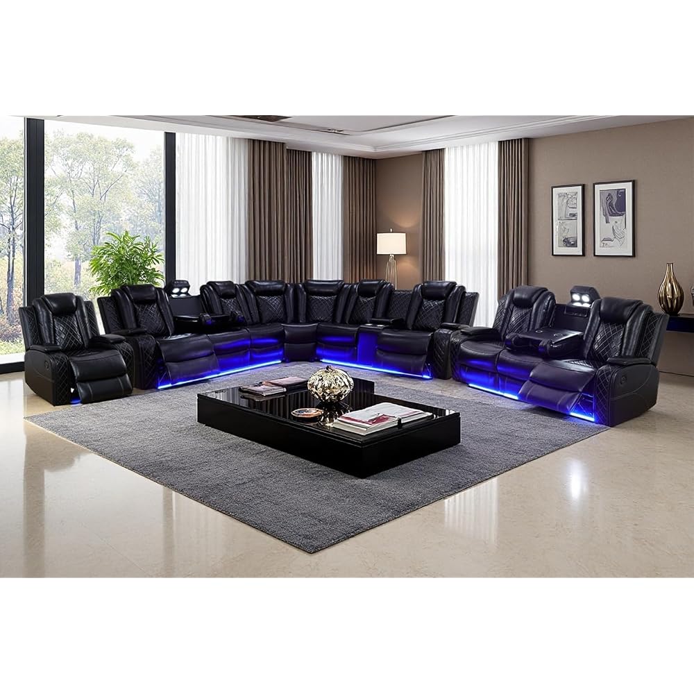 Living Room Furniture Set, Power Sectional Recliner Sofa and Chair Set with LED Light, Air Leather Electric Reclining Sofa with 5 Recliner Seats/Cup Holders/USB Port/Storage Console for Living Room