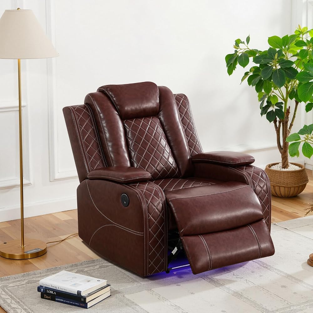 Power Recliner Sofa Set for Living Room, Leather Reclining Sofa Sets with Storage Console, Living Room Furniture Sets with LED Lights(Chair,Wine)