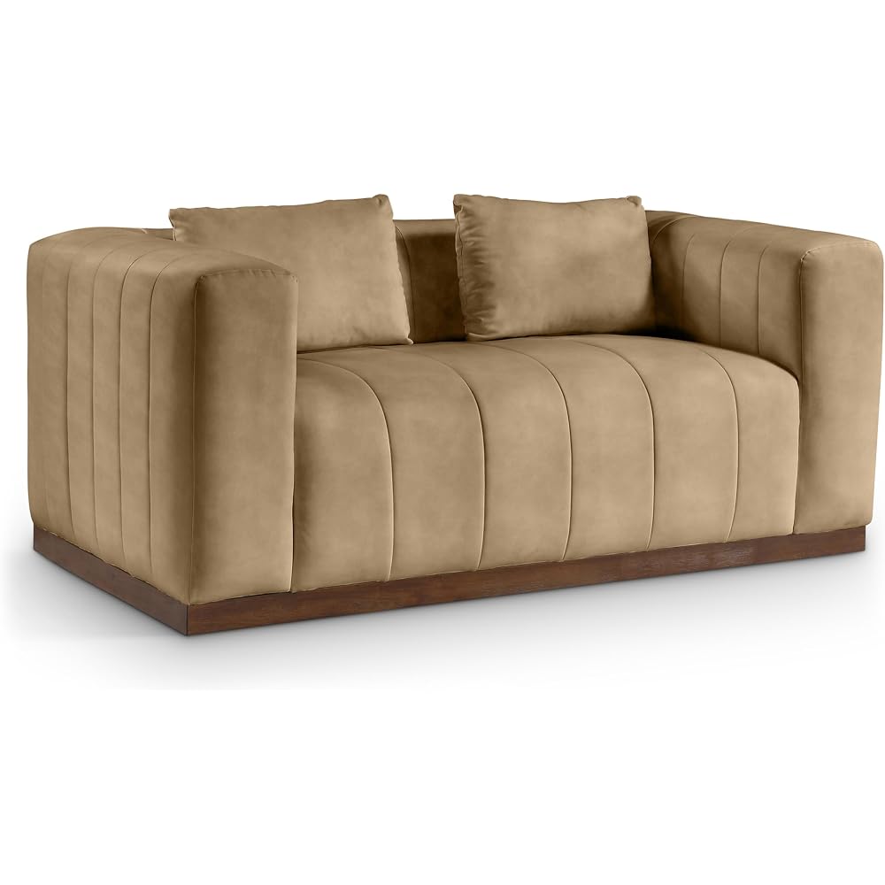 44098Tan-L Mallina Collection Modern | Contemporary Loveseat with Soft Tan Vegan Leather, Walnut Finish Solid Wood Base, Deep Channel Tufting, 67" W x 36" D x 28.5" H, Tan
