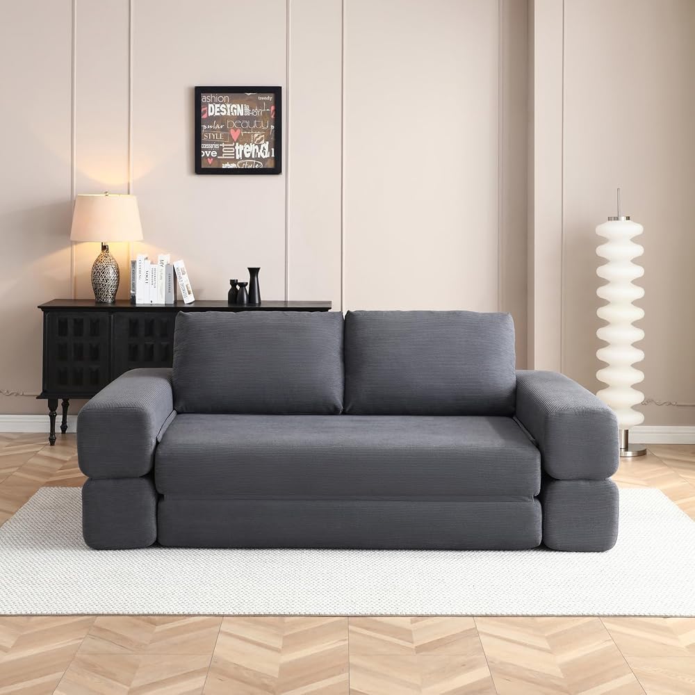 81” Convertible Sleeper Sofa Bed, High Back Plush Corduroy Boneless Futon Loveseat with Pull Out Bed, Folding Floor Mattress Couch, No Assembly Required (Gray)