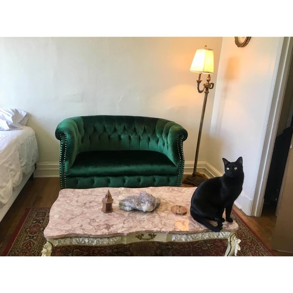 Melaina Tufted Chesterfield Velvet Loveseat with Scrolled Arms, Emerald and Dark Brown