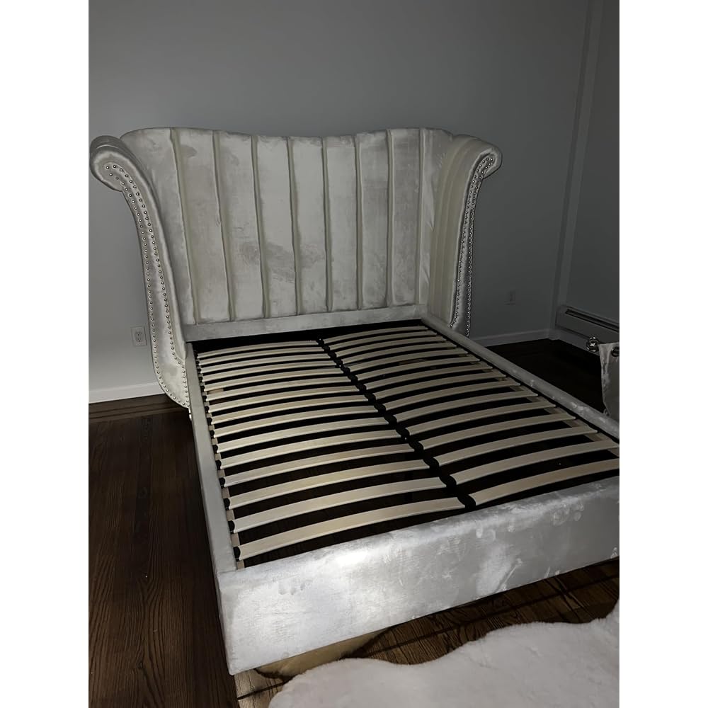 Flora Collection Modern | Contemporary Velvet Upholstered Bed Nailheads, Deep Channel Tufting and Gold Metal Base, King, White