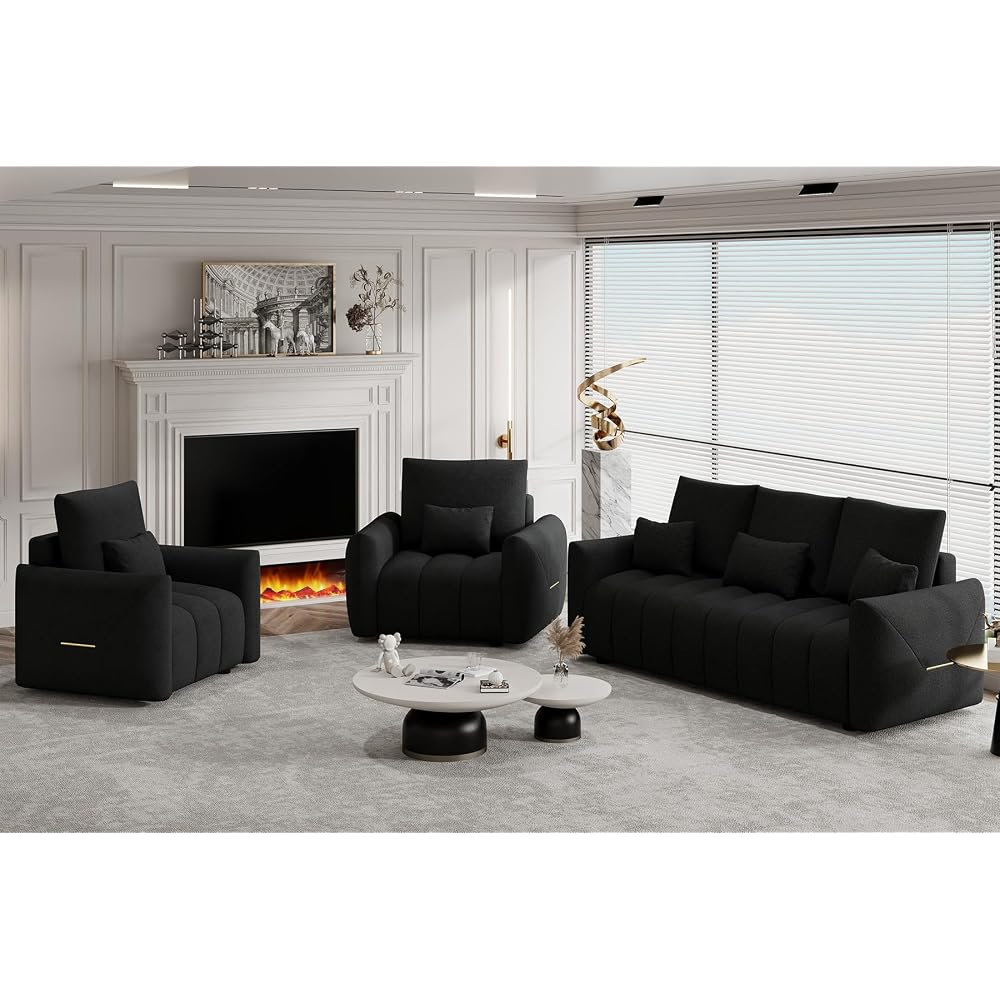 3 Piece Cloud Couch Sofa for Living Room, Modern Sofa Chair and 3-Seater Teddy Sectional Couches with Pillows and Back Cushions, Comfy Deep Seat Oversized Sofa for Bedroom, Apartment, Black