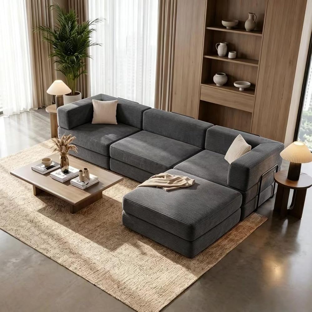 L Shaped Modular Sofa Bed, Modular Sectional Sofa with 8 Movable Cushions
