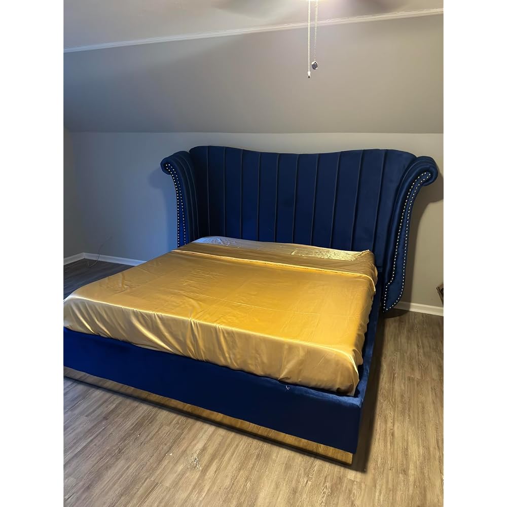 Flora Collection Modern | Contemporary Velvet Upholstered Bed Nailheads, Deep Channel Tufting and Gold Metal Base, King, White