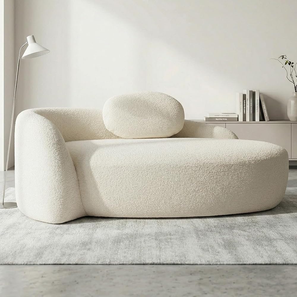 67" Modern Oval Lazy Sofa, Lounge Sofa Indoor with Pillow & Side Armrest, Boucle Fabric Compact Accent Couch Chair, Comfy Loveseat Sleeper for Living Room Bedroom Small Spaces (Beige)