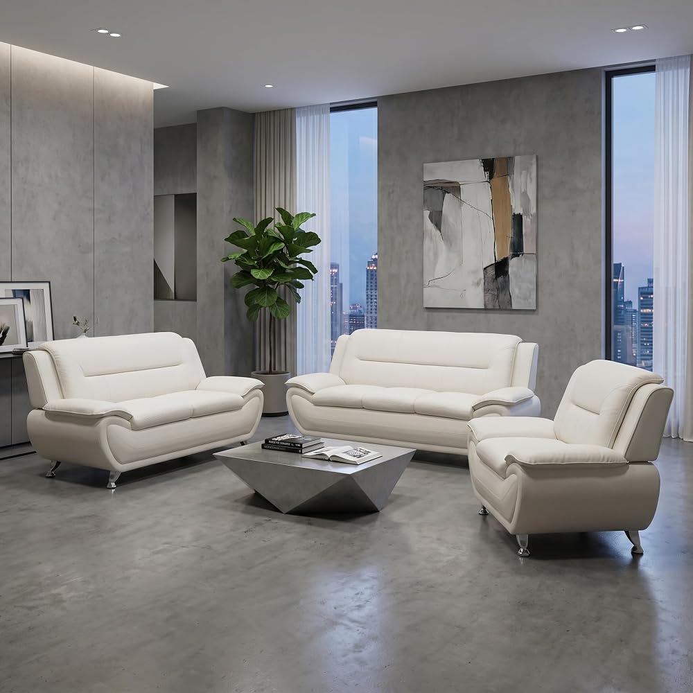 Luxury 3 Piece Faux Leather Sofa Set–Modern Designer Couch,Loveseat & Accent Chair for Living Room, Ergonomic High-Density Comfort,Solid Wood Frame with Metal Legs,Elegant Black (White)