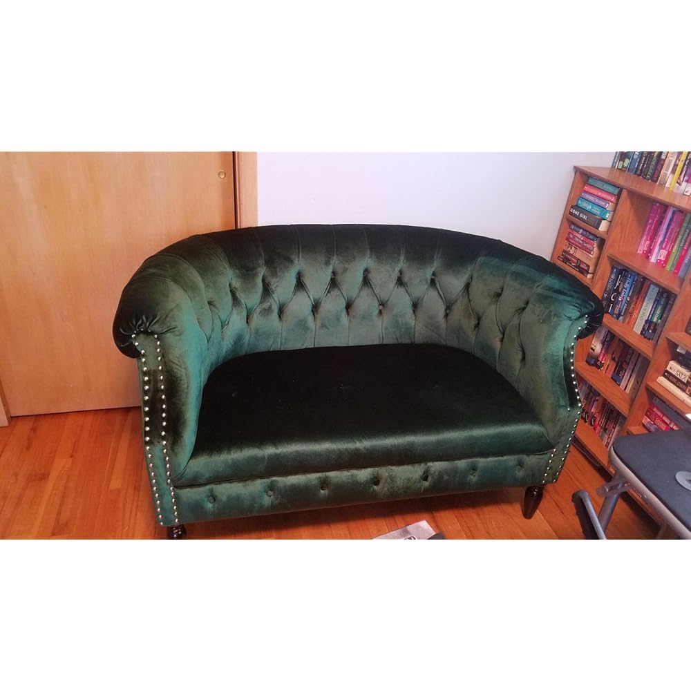Melaina Tufted Chesterfield Velvet Loveseat with Scrolled Arms, Emerald and Dark Brown