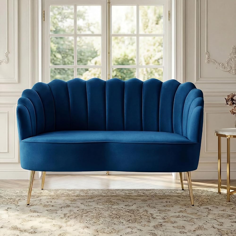 Velvet Upholstered Loveseat Sofa with Gold Metal Legs, Modern Comfy Small Love Seat with Flower Shaped Back, 2-Seater Sofa Accent Couch for Living Bedroom Leisure Areas, Navy