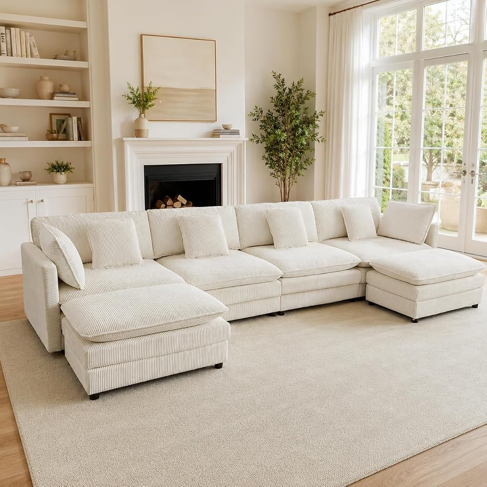 148” U Shape Sectional Couch with Movable Ottoman，Beige