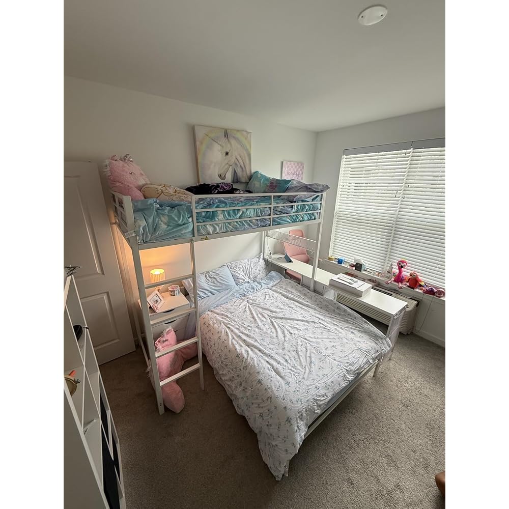 Bunk Bed Twin Over Full with Drawers, 2 Person Desk, White