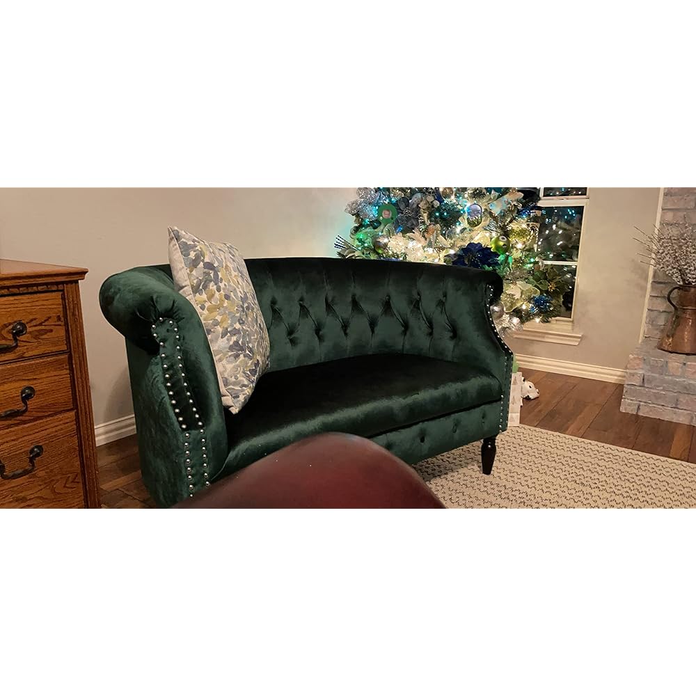 Melaina Tufted Chesterfield Velvet Loveseat with Scrolled Arms, Emerald and Dark Brown