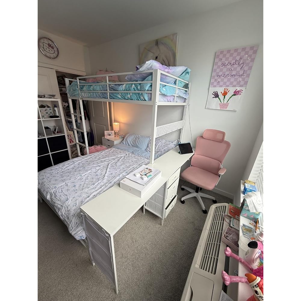 Bunk Bed Twin Over Full with Drawers, 2 Person Desk, White