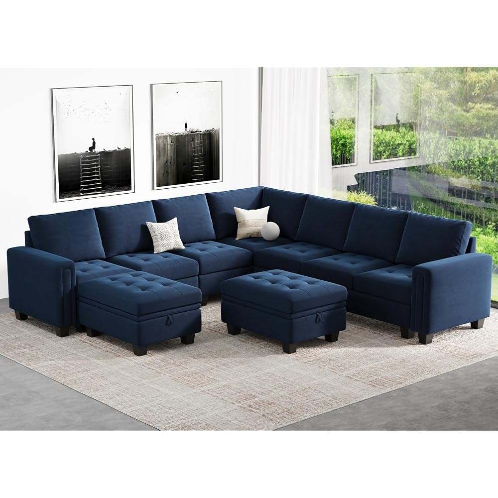 Modular Sectional Sofa U Shaped Sectional Couch with Storage Ottoman Velvet 9-Seater Convertible Sectional Sofa with Chaises Blue