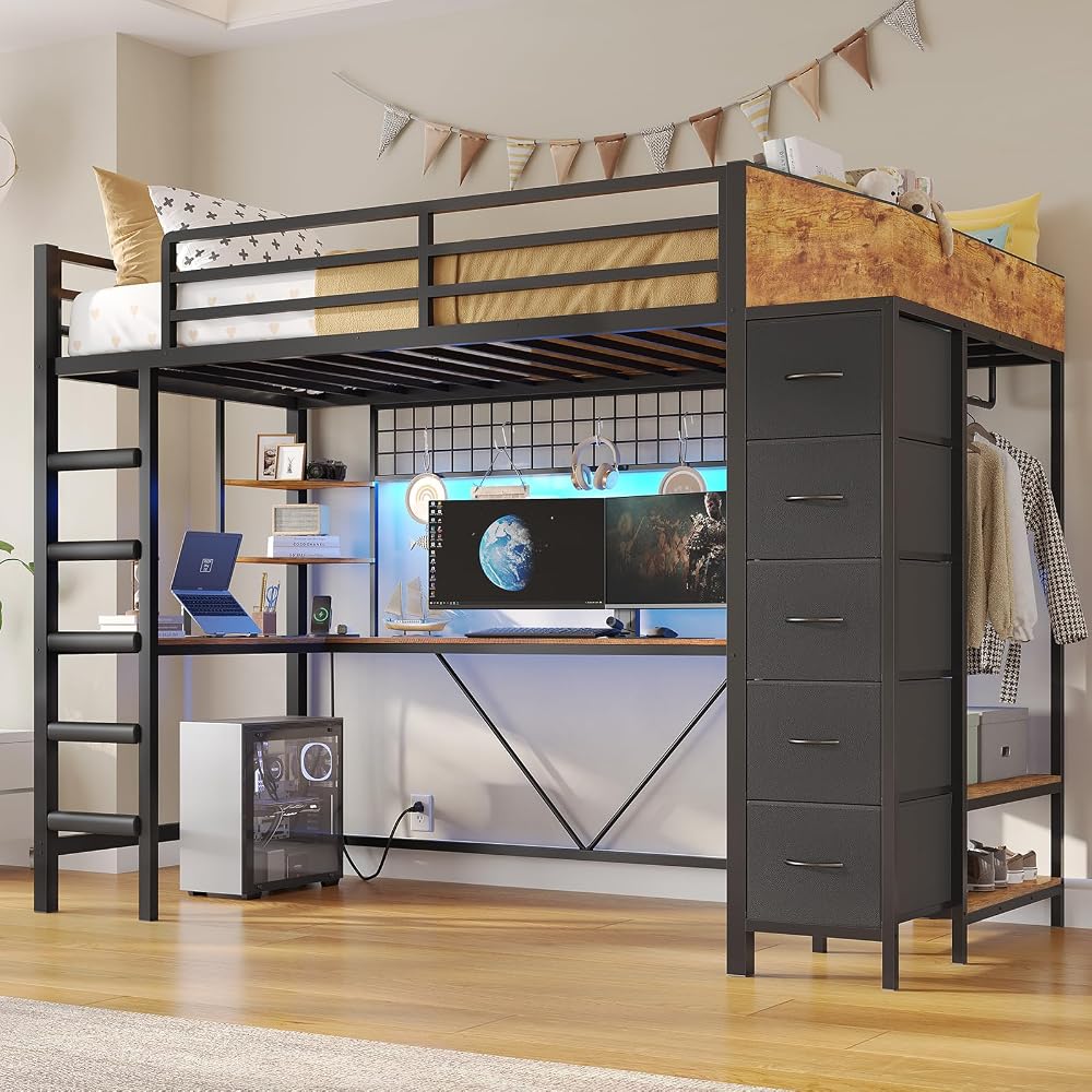 Loft Bed Twin Size with Hall Tree, Charging Station and LED Lights, Metal Loft Bed with L-Shaped Desk, 5 Storage Drawers, Heavy Duty Twin Size Bed with Stairs, No Box Spring Needed, Black