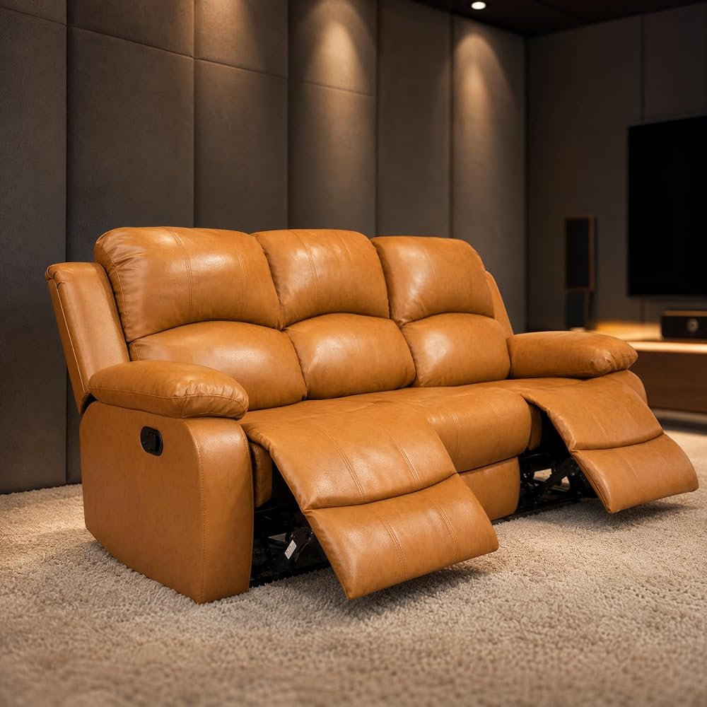 Faux Leather Recliner Sofa for Living Room, Manual Reclining Couch, Soft Living Room Furniture with Drop Down Table & Storage Console, Ginger