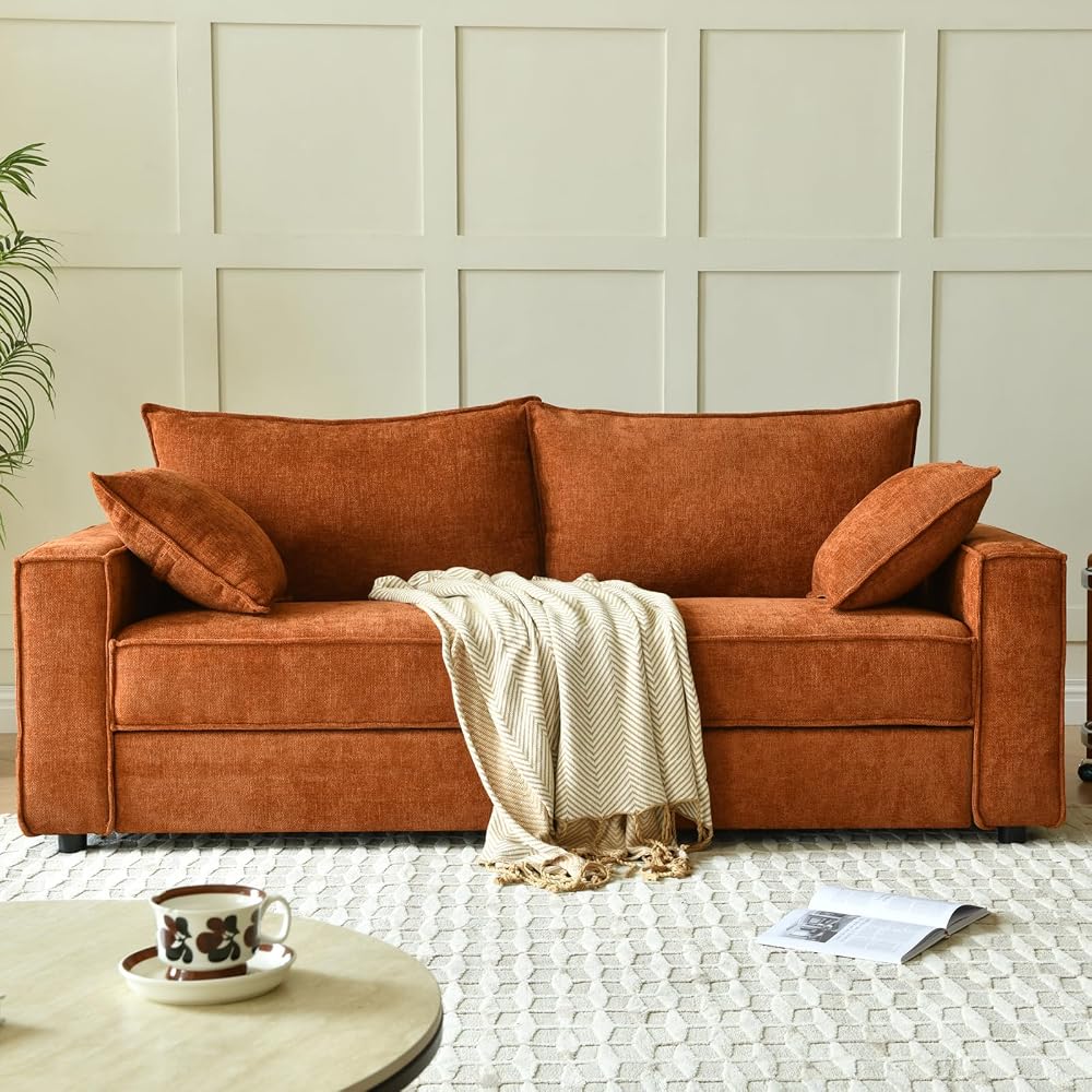 Three Person Sofa with Wide Upholstered Chaise Lounge Sofa, Linen Fabric, Easy to Assemble, No Noise (OCHER)