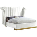 Flora Collection Modern | Contemporary Velvet Upholstered Bed Nailheads, Deep Channel Tufting and Gold Metal Base, King, White