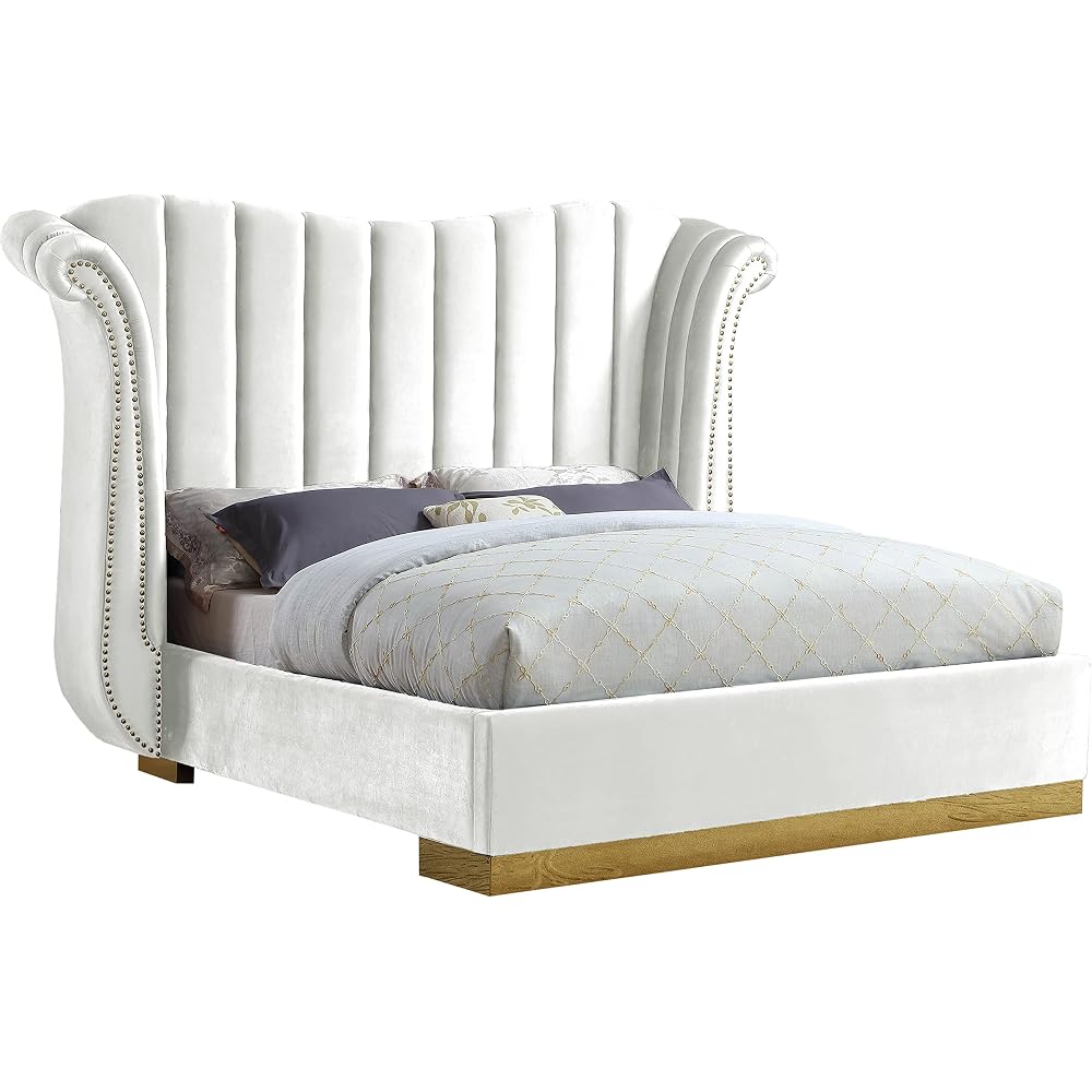 Flora Collection Modern | Contemporary Velvet Upholstered Bed Nailheads, Deep Channel Tufting and Gold Metal Base, King, White